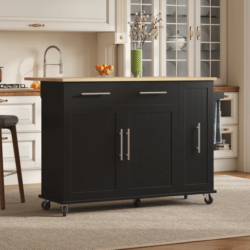 Ilha de cozinha 107 cm - Carrinho móvel com 3 níveis, arrumação e 2 gavetas - Preto+Natural