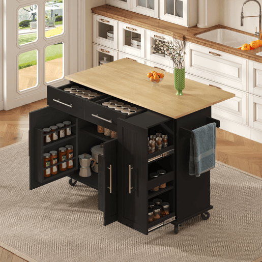 Ilha de cozinha 107 cm - Carrinho móvel com 3 níveis, arrumação e 2 gavetas - Preto+Natural