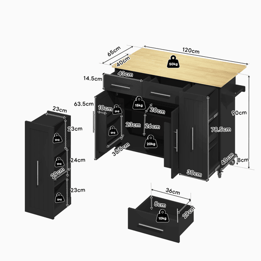 Ilha de cozinha 107 cm - Carrinho móvel com 3 níveis, arrumação e 2 gavetas - Preto+Natural
