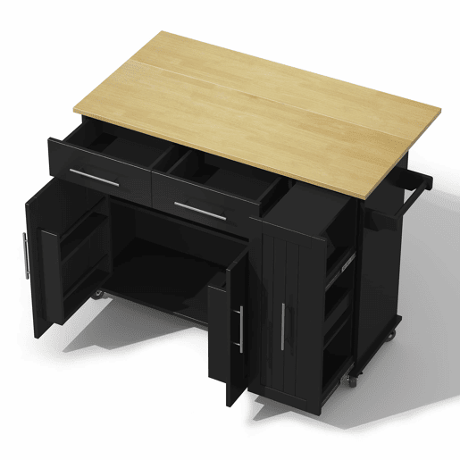 Ilha de cozinha 107 cm - Carrinho móvel com 3 níveis, arrumação e 2 gavetas - Preto+Natural