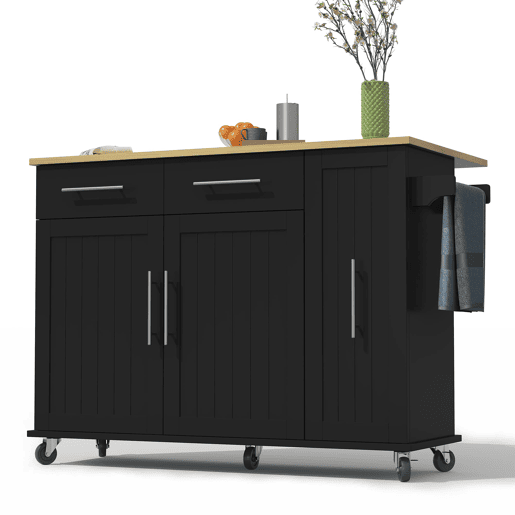 Ilha de cozinha 107 cm - Carrinho móvel com 3 níveis, arrumação e 2 gavetas - Preto+Natural