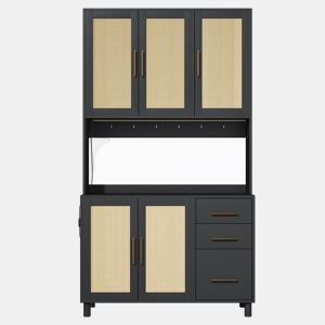 Buffet 183 cm - Com luzes LED controladas por aplicação, 2 USB, 2 tomadas, prateleiras ajustáveis, 3 gavetas, puxadores metálicos dourados - Preto