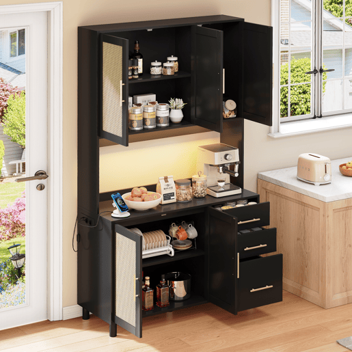 Buffet 183 cm - Com luzes LED controladas por aplicação, 2 USB, 2 tomadas, prateleiras ajustáveis, 3 gavetas, puxadores metálicos dourados - Preto