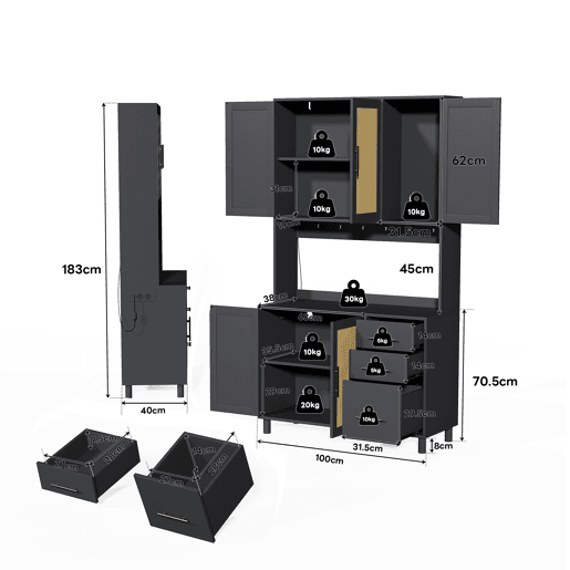 Buffet 183 cm - Com luzes LED controladas por aplicação, 2 USB, 2 tomadas, prateleiras ajustáveis, 3 gavetas, puxadores metálicos dourados - Preto