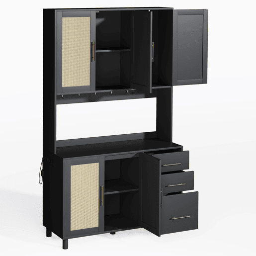 Buffet 183 cm - Com luzes LED controladas por aplicação, 2 USB, 2 tomadas, prateleiras ajustáveis, 3 gavetas, puxadores metálicos dourados - Preto