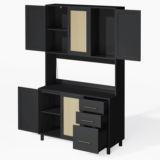 Buffet 183 cm - Com luzes LED controladas por aplicação, 2 USB, 2 tomadas, prateleiras ajustáveis, 3 gavetas, puxadores metálicos dourados - Preto
