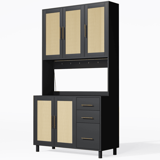 Buffet 183 cm - Com luzes LED controladas por aplicação, 2 USB, 2 tomadas, prateleiras ajustáveis, 3 gavetas, puxadores metálicos dourados - Preto