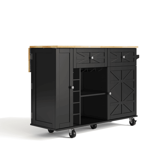Ilha de cozinha 120x45(70)x89 cm - com rodas bloqueáveis, prateleira na porta, suporte para copos e garrafas de vinho - preta