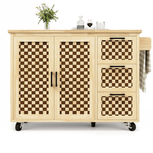 Ilha de cozinha 120x45(75)x92 cm - Carrinho de cozinha com rodas, prateleira para toalhas, portas e gavetas, padrão xadrez, acabamento em madeira natural