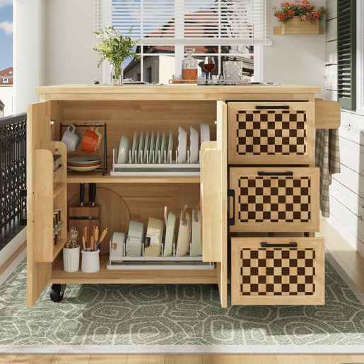 Ilha de cozinha 120x45(75)x92 cm - Carrinho de cozinha com rodas, prateleira para toalhas, portas e gavetas, padrão xadrez, acabamento em madeira natural