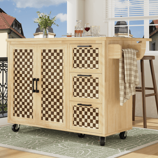 Ilha de cozinha 120x45(75)x92 cm - Carrinho de cozinha com rodas, prateleira para toalhas, portas e gavetas, padrão xadrez, acabamento em madeira natural