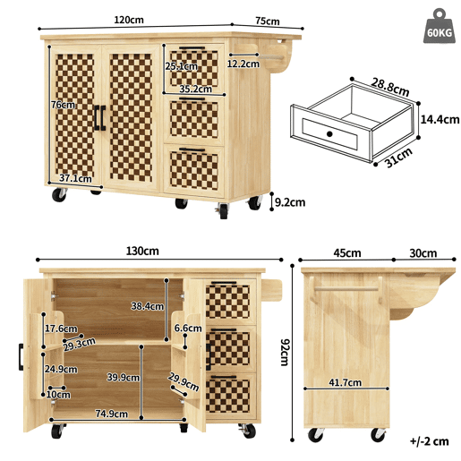 Ilha de cozinha 120x45(75)x92 cm - Carrinho de cozinha com rodas, prateleira para toalhas, portas e gavetas, padrão xadrez, acabamento em madeira natural