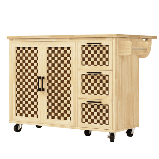 Ilha de cozinha 120x45(75)x92 cm - Carrinho de cozinha com rodas, prateleira para toalhas, portas e gavetas, padrão xadrez, acabamento em madeira natural