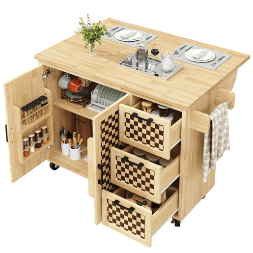 Ilha de cozinha 120x45(75)x92 cm - Carrinho de cozinha com rodas, prateleira para toalhas, portas e gavetas, padrão xadrez, acabamento em madeira natural