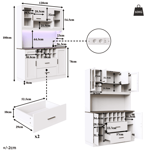 Armário lateral 120x36,3x180 cm - com iluminação LED, tomada, 6 portas, 2 gavetas grandes - branco