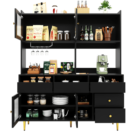 Armário de sala de jantar 145x39x171 cm - Portas de vidro Changhong, prateleira para copos de vinho, armazenamento em camadas - Preto