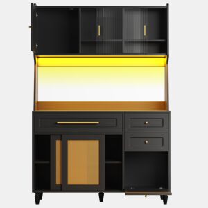 Armário de cozinha - Com 3 gavetas - Com prateleiras ajustáveis e LED - Rattan PE - Preto