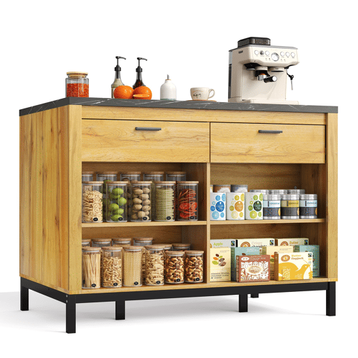 Ilha de cozinha 120×75×90 cm - 2 gavetas, 4 prateleiras abertas, design rústico, superfície em mármore preto, estrutura metálica - Preto+Natural