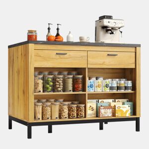 Ilha de cozinha 120×75×90 cm - 2 gavetas, 4 prateleiras abertas, design rústico, superfície em mármore preto, estrutura metálica - Preto+Natural