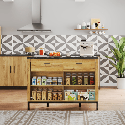 Ilha de cozinha 120×75×90 cm - 2 gavetas, 4 prateleiras abertas, design rústico, superfície em mármore preto, estrutura metálica - Preto+Natural
