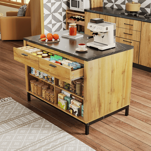 Ilha de cozinha 120×75×90 cm - 2 gavetas, 4 prateleiras abertas, design rústico, superfície em mármore preto, estrutura metálica - Preto+Natural