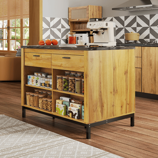 Ilha de cozinha 120×75×90 cm - 2 gavetas, 4 prateleiras abertas, design rústico, superfície em mármore preto, estrutura metálica - Preto+Natural