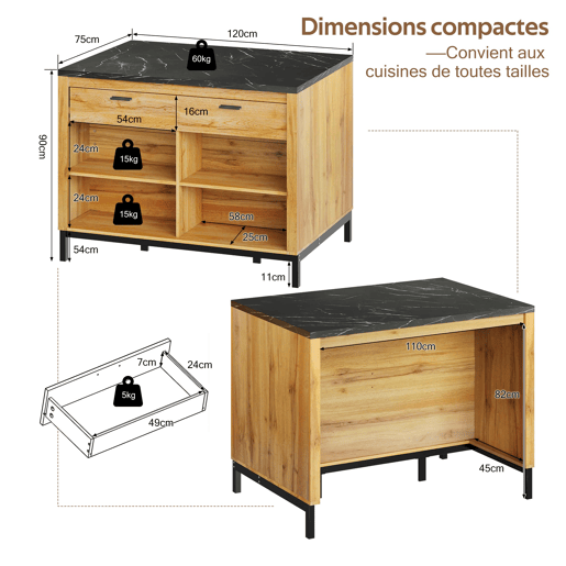 Ilha de cozinha 120×75×90 cm - 2 gavetas, 4 prateleiras abertas, design rústico, superfície em mármore preto, estrutura metálica - Preto+Natural