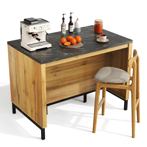 Ilha de cozinha 120×75×90 cm - 2 gavetas, 4 prateleiras abertas, design rústico, superfície em mármore preto, estrutura metálica - Preto+Natural