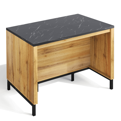 Ilha de cozinha 120×75×90 cm - 2 gavetas, 4 prateleiras abertas, design rústico, superfície em mármore preto, estrutura metálica - Preto+Natural