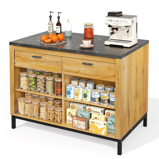 Ilha de cozinha 120×75×90 cm - 2 gavetas, 4 prateleiras abertas, design rústico, superfície em mármore preto, estrutura metálica - Preto+Natural