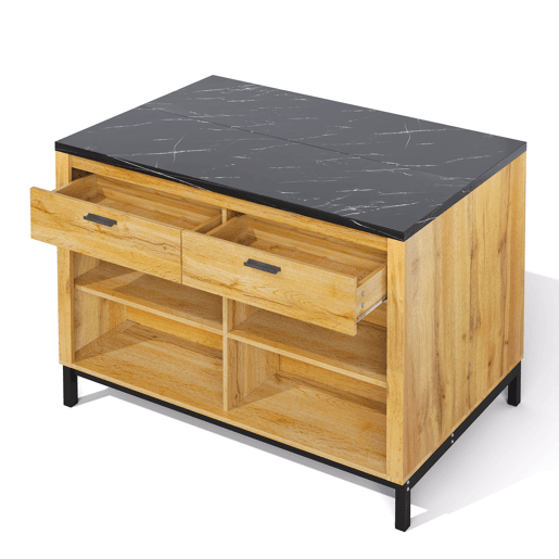 Ilha de cozinha 120×75×90 cm - 2 gavetas, 4 prateleiras abertas, design rústico, superfície em mármore preto, estrutura metálica - Preto+Natural