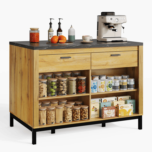 Ilha de cozinha 120×75×90 cm - 2 gavetas, 4 prateleiras abertas, design rústico, superfície em mármore preto, estrutura metálica - Preto+Natural