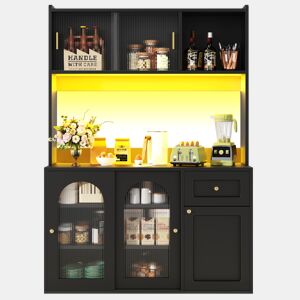 Armário de cozinha - 120x40x180 cm - com prateleiras ajustáveis, vitrine, iluminação LED - preto