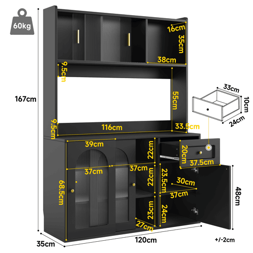 Armário de cozinha - 120x40x180 cm - com prateleiras ajustáveis, vitrine, iluminação LED - preto