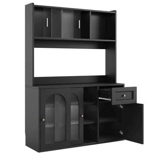 Armário de cozinha - 120x40x180 cm - com prateleiras ajustáveis, vitrine, iluminação LED - preto