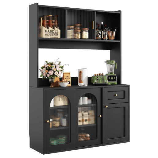 Armário de cozinha - 120x40x180 cm - com prateleiras ajustáveis, vitrine, iluminação LED - preto