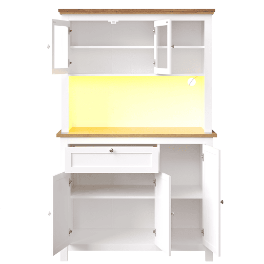 Armário de cozinha 104x40x180 cm - Com prateleiras ajustáveis, vitrina, iluminação LED - Branco