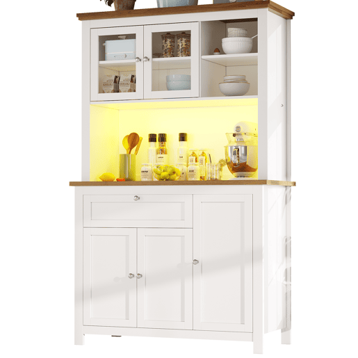 Armário de cozinha 104x40x180 cm - Com prateleiras ajustáveis, vitrina, iluminação LED - Branco