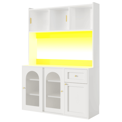Armário de cozinha - 104x40x180 cm - com prateleiras ajustáveis, aparador, vitrine, com iluminação LED - Branco