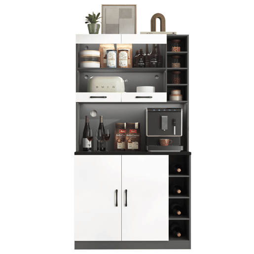 Armário de cozinha 100x47x187 cm - Buffet com iluminação LED ambiente, orifícios para cabos, espaço para micro-ondas - Branco + Cinza