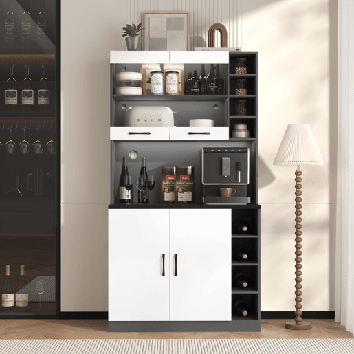 Armário de cozinha 100x47x187 cm - Buffet com iluminação LED ambiente, orifícios para cabos, espaço para micro-ondas - Branco + Cinza
