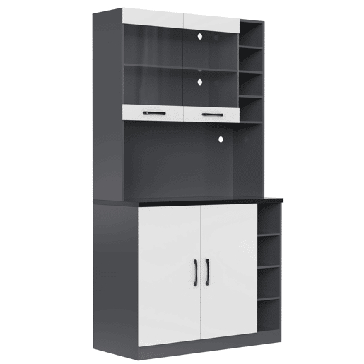 Armário de cozinha 100x47x187 cm - Buffet com iluminação LED ambiente, orifícios para cabos, espaço para micro-ondas - Branco + Cinza