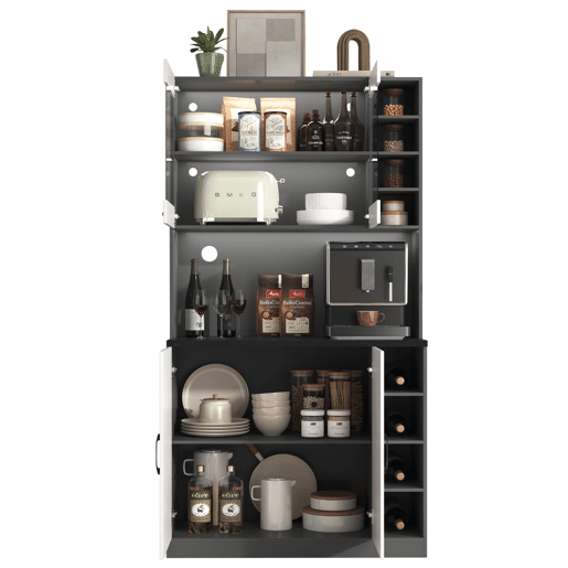 Armário de cozinha 100x47x187 cm - Buffet com iluminação LED ambiente, orifícios para cabos, espaço para micro-ondas - Branco + Cinza