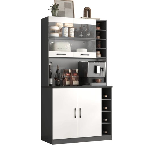 Armário de cozinha 100x47x187 cm - Buffet com iluminação LED ambiente, orifícios para cabos, espaço para micro-ondas - Branco + Cinza