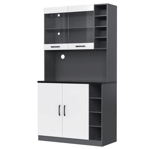 Armário de cozinha 100x47x187 cm - Buffet com iluminação LED ambiente, orifícios para cabos, espaço para micro-ondas - Branco + Cinza