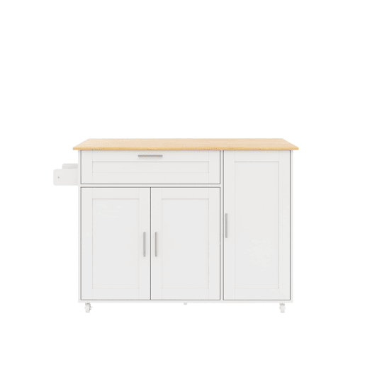 Mesa de cozinha móvel 132,5x44(70)x90 cm - design dobrável, prateleira para temperos, 5 rodas - Branco + Natural