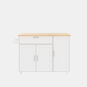 Mesa de cozinha móvel 132,5x44(70)x90 cm - design dobrável, prateleira para temperos, 5 rodas - Branco + Natural