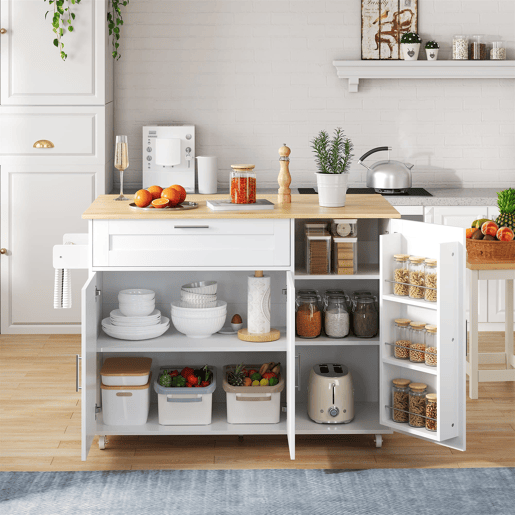 Mesa de cozinha móvel 132,5x44(70)x90 cm - design dobrável, prateleira para temperos, 5 rodas - Branco + Natural