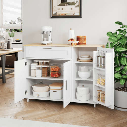 Mesa de cozinha móvel 132,5x44(70)x90 cm - design dobrável, prateleira para temperos, 5 rodas - Branco + Natural