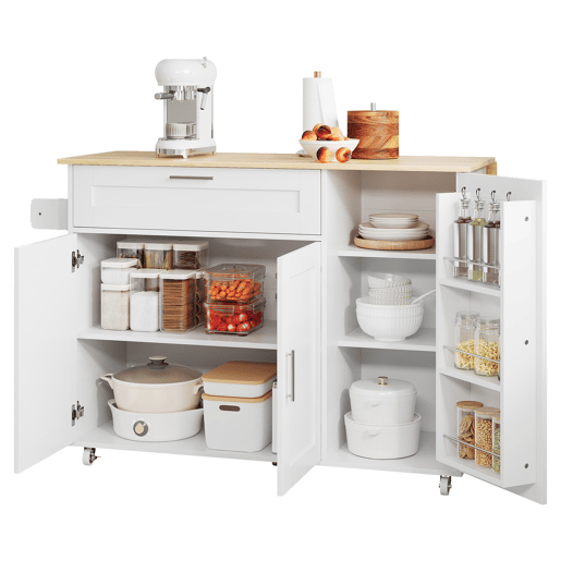 Mesa de cozinha móvel 132,5x44(70)x90 cm - design dobrável, prateleira para temperos, 5 rodas - Branco + Natural